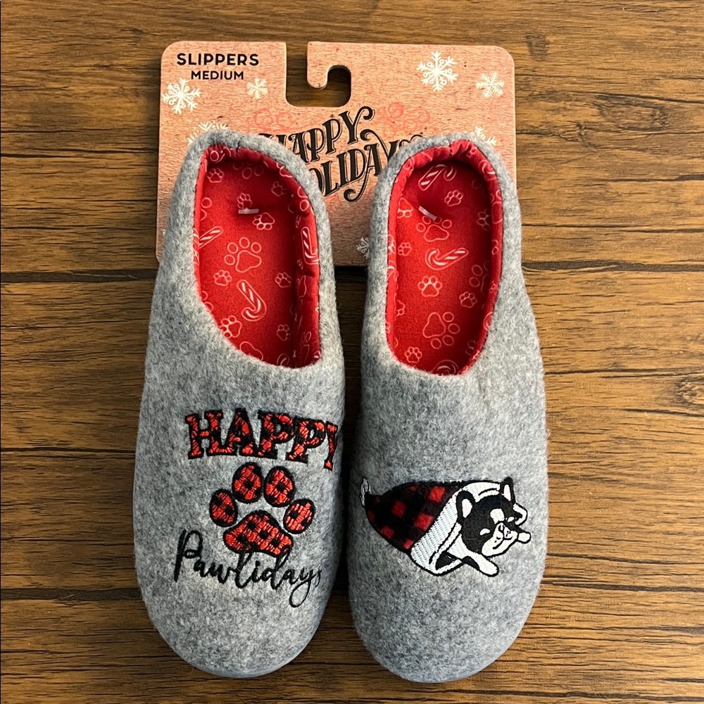 NWT Gray French Bulldog Happy Holidays House Slippers- M (fits 6.5‎ to 7.5)